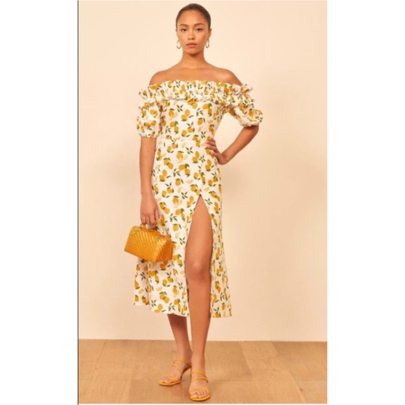 Reformation Marley Linen Off The Shoulder Midi Dress Lemonade Yellow Size 4 - Picture 1 of 10